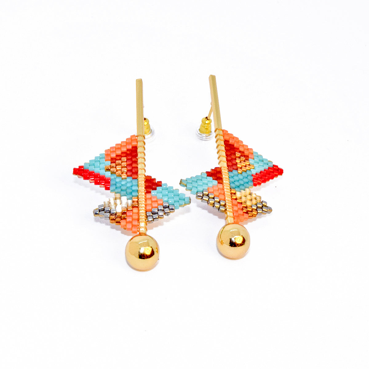 Colorful beaded earrings with gold balls on a white background