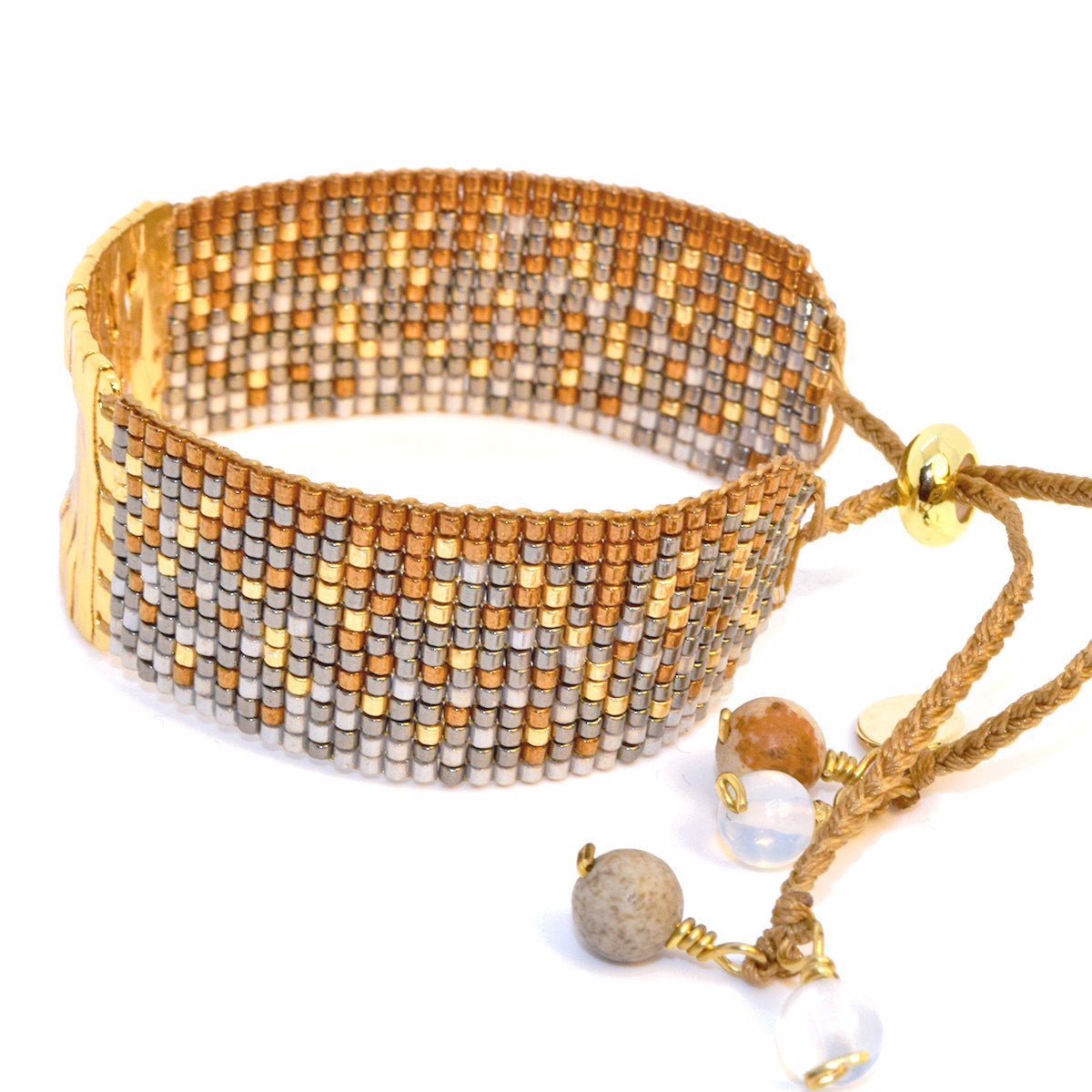 GOLD LACE BRACELET IN GOLD, GUN METAL GRAY AND WHITE