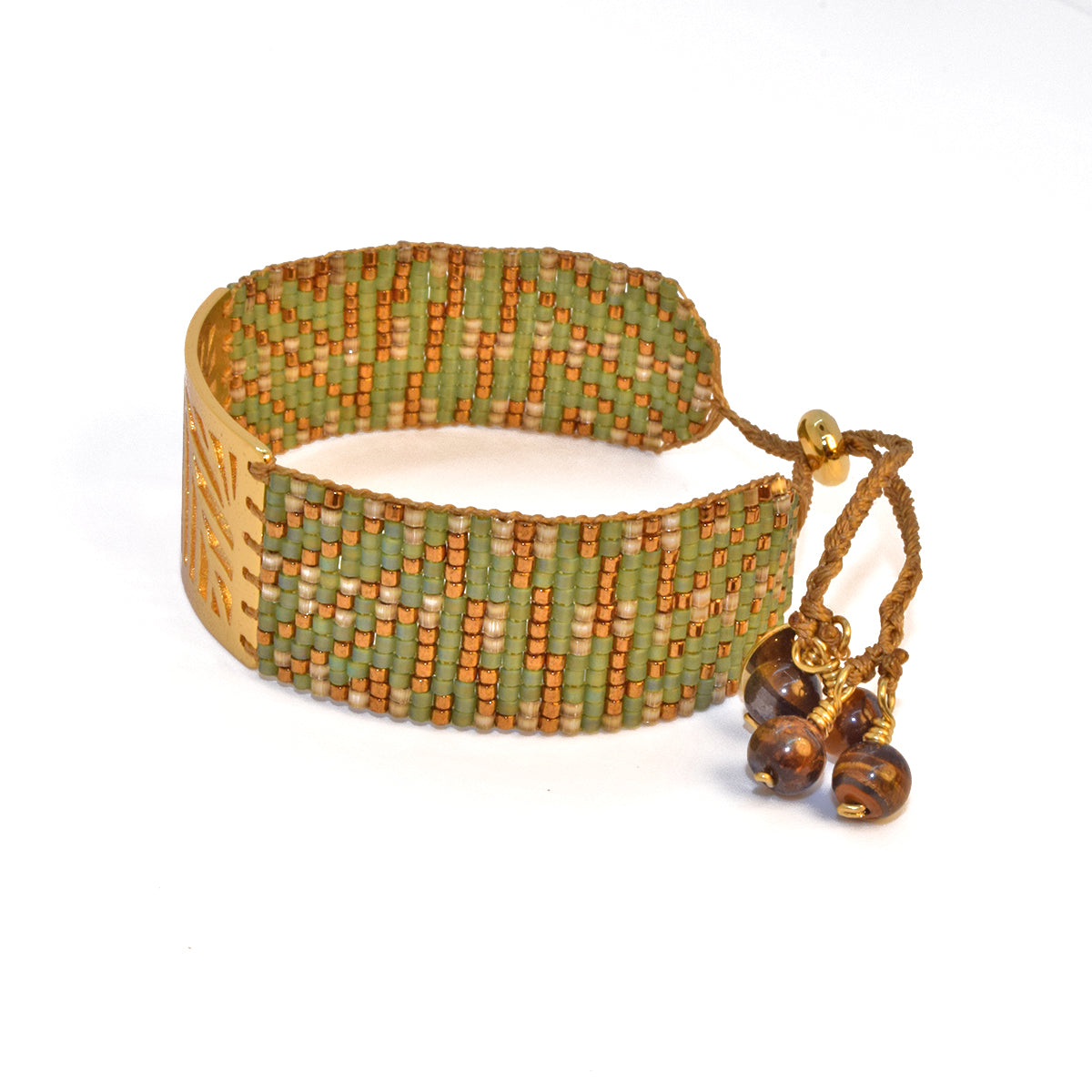 PALM BRACELET IN BRONZE, BONE AND OLIVE GREEN