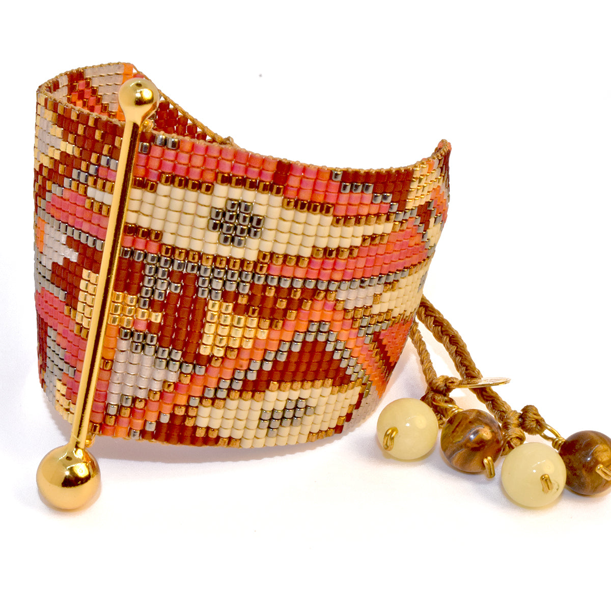 FINE ART BRACELET IN GOLD, BEIGE, BURGUNDY, CORAL AND GUNMETAL