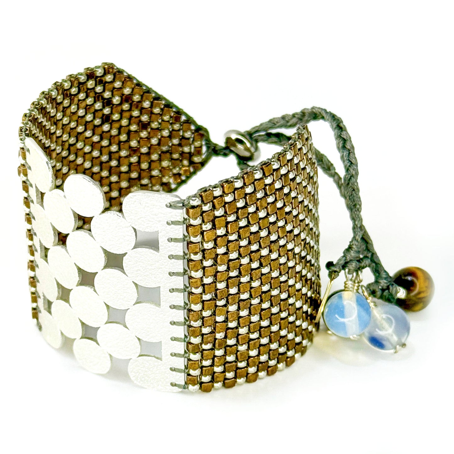 "Eternity Bracelet L/SP 26012 - 925 Silver-Plated Geometric Cuff with Bronze & Silver Miyuki Beadwork & Semiprecious Stones - Martha Duran Design"