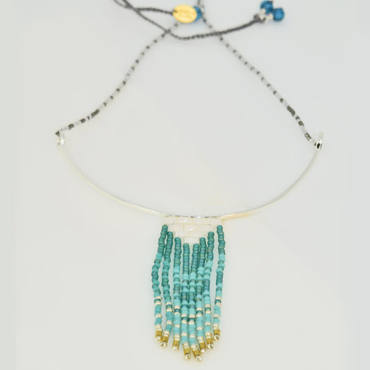 SUN RAYS NECKLACE IN TURQUOISE, GOLD AND PEARL WHITE COLORS