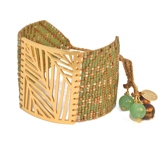 PALM BRACELET IN BRONZE, BONE AND OLIVE GREEN