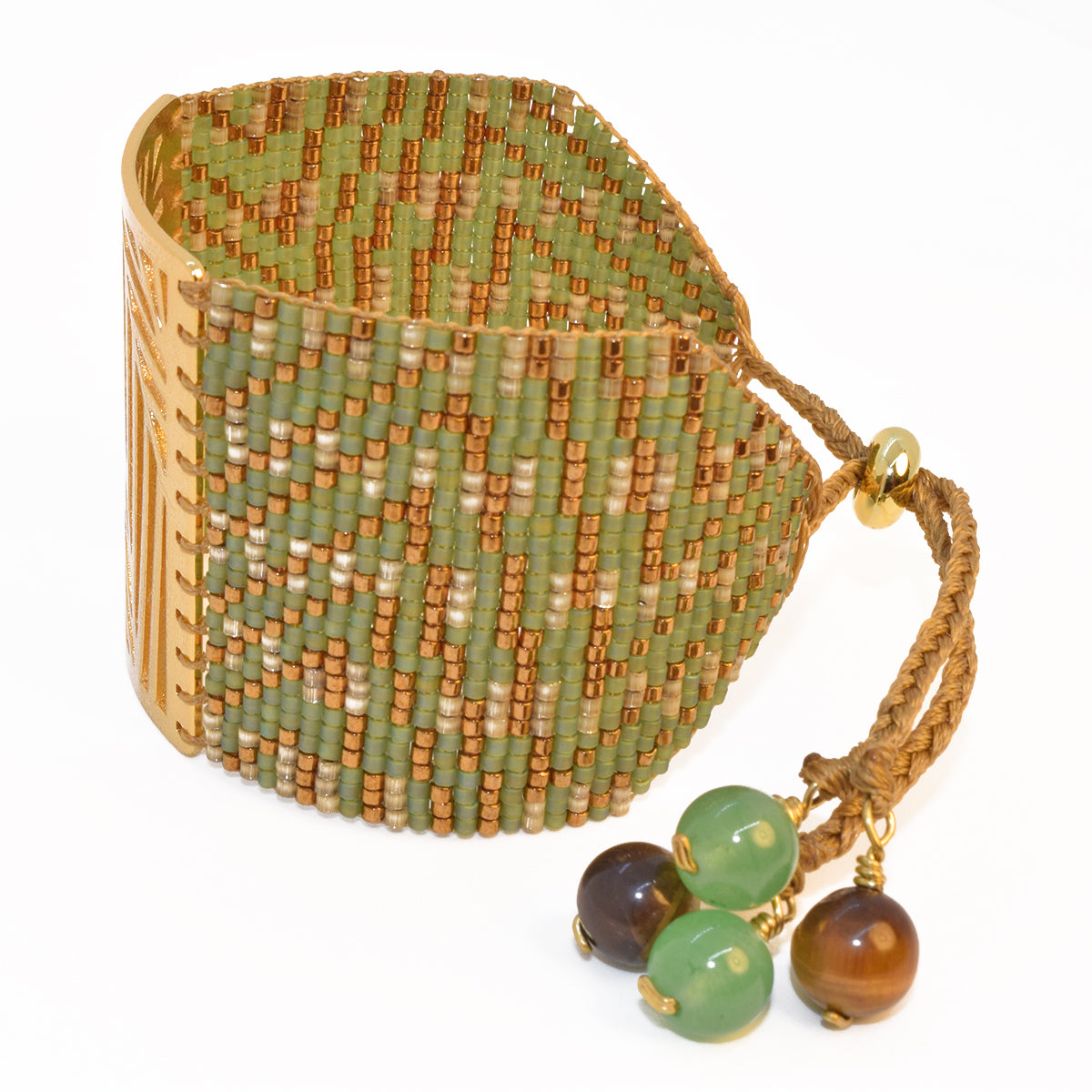 PALM BRACELET IN BRONZE, BONE AND OLIVE GREEN