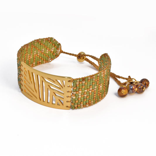 PALM BRACELET IN BRONZE, BONE AND OLIVE GREEN