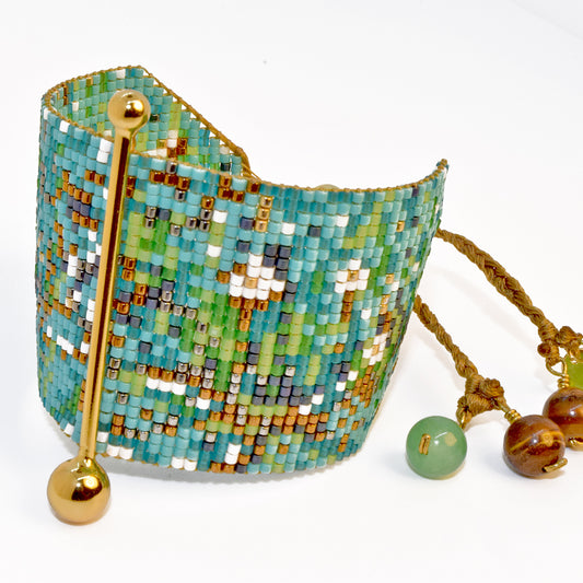 FINE ART BRACELET IN BRONZE, TURQUOISE, AQUA GREEN, BLUE AND WHITE