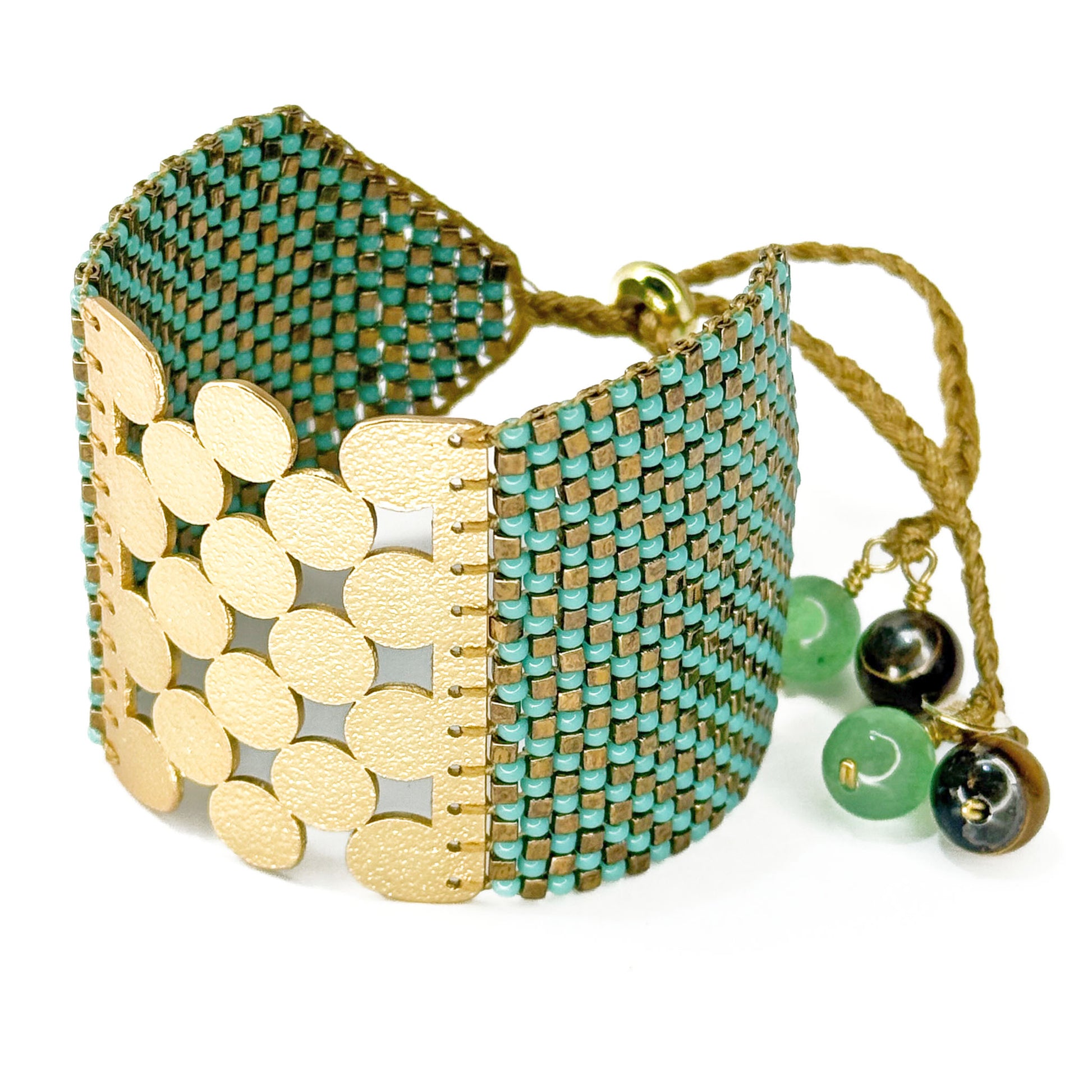 "Eternity Bracelet L/GP 26011 - 18K Gold-Plated Geometric Cuff with Turquoise & Gold Miyuki Beadwork & Jade Stones - Martha Duran Design"