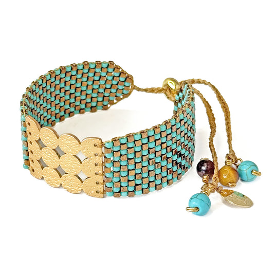 "Eternity Bracelet M/GP 26011 - 18K Gold-Plated Geometric Cuff with Turquoise & Gold Miyuki Beadwork & Jade Stones - Martha Duran Design"