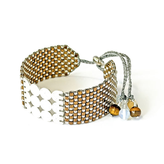 "Eternity Bracelet M/SP 26012 - 925 Silver-Plated Geometric Cuff with Bronze & Silver Miyuki Beadwork & Semiprecious Stones - Martha Duran Design"