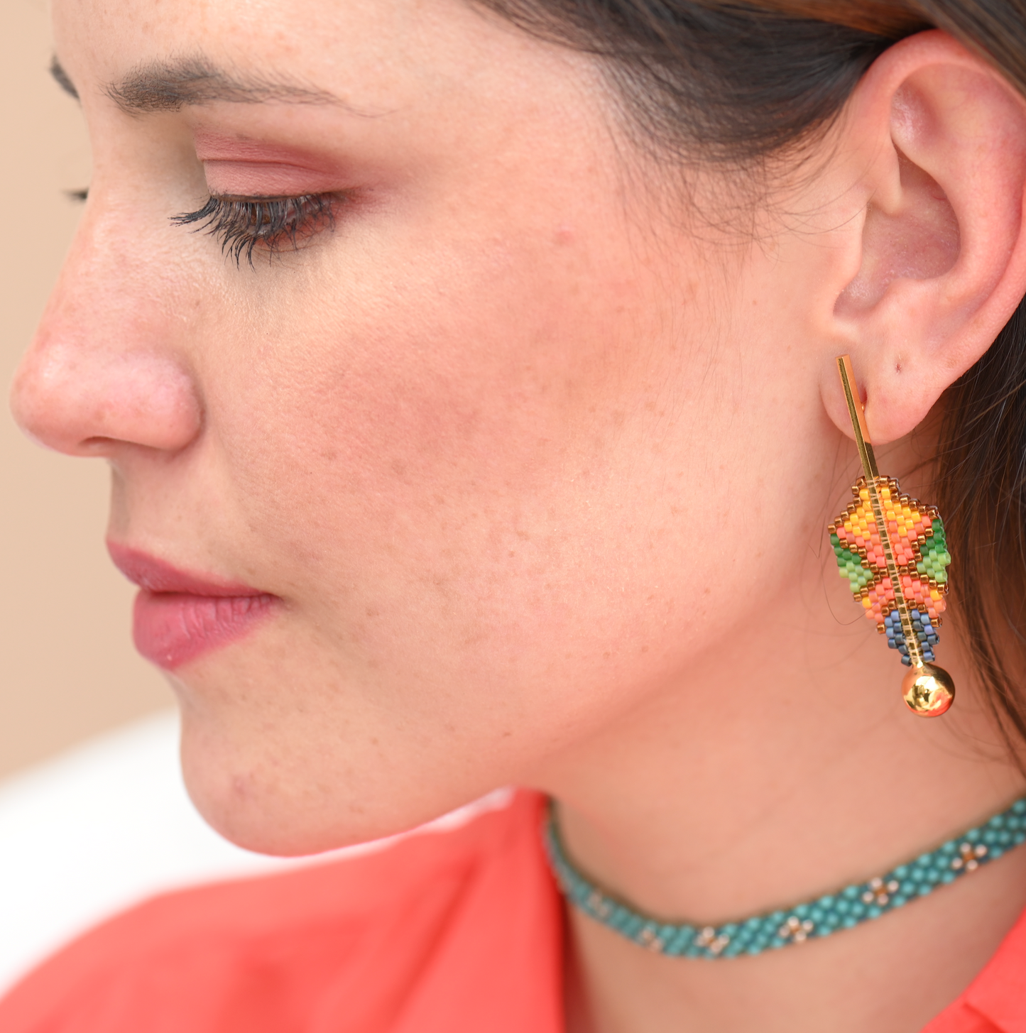 FINE ART EARRINGS IN COPPER, ORANGE, YELLOW, GREEN AND BLUE