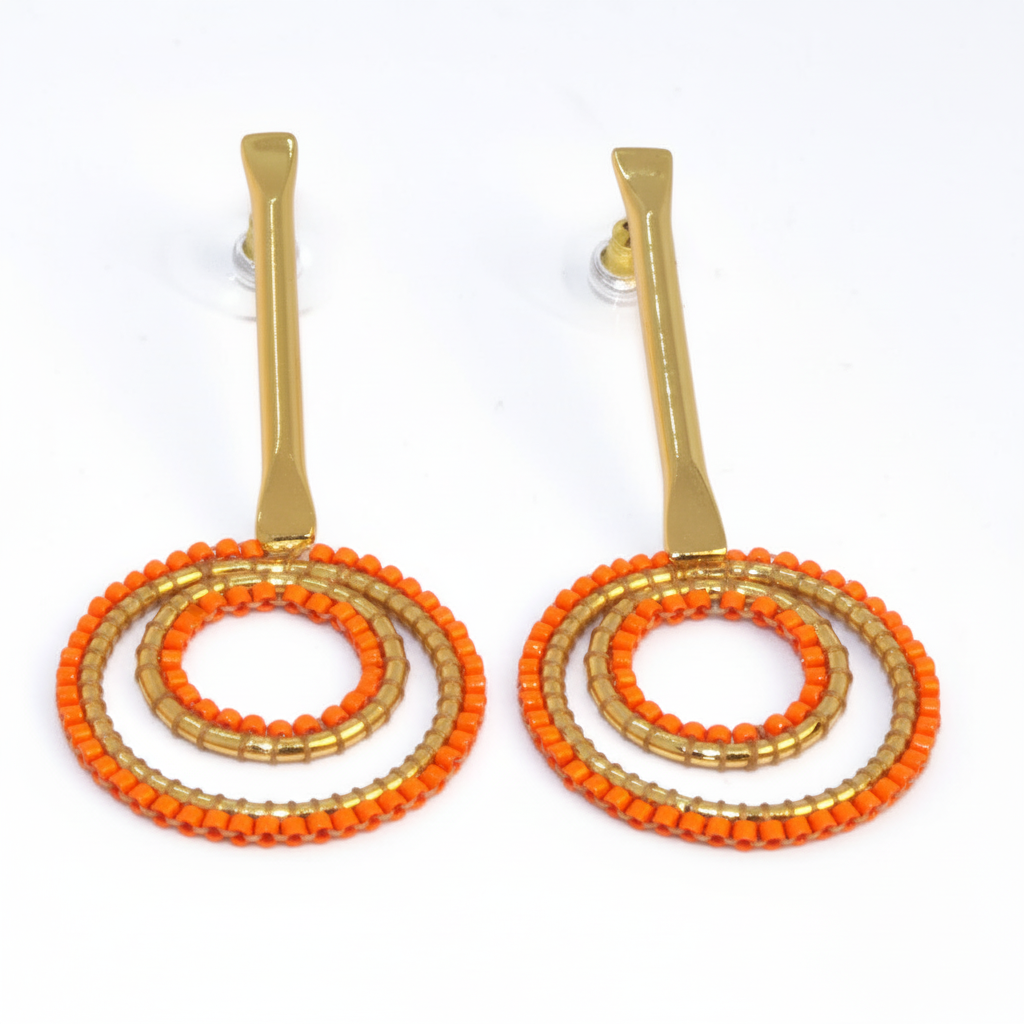 Geometric Circle Drop Earrings - Orange and Gold Miyuki Seed Beads - Martha Duran Design