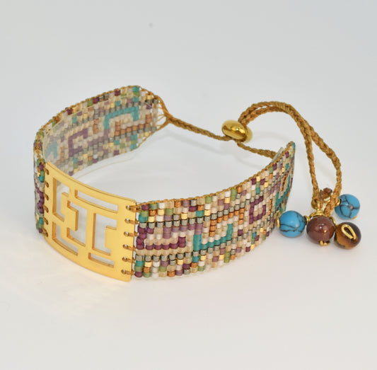 RHODOS BRACELET IN GOLD WITH GREEN, PURPLE AND NEUTRAL COLORS