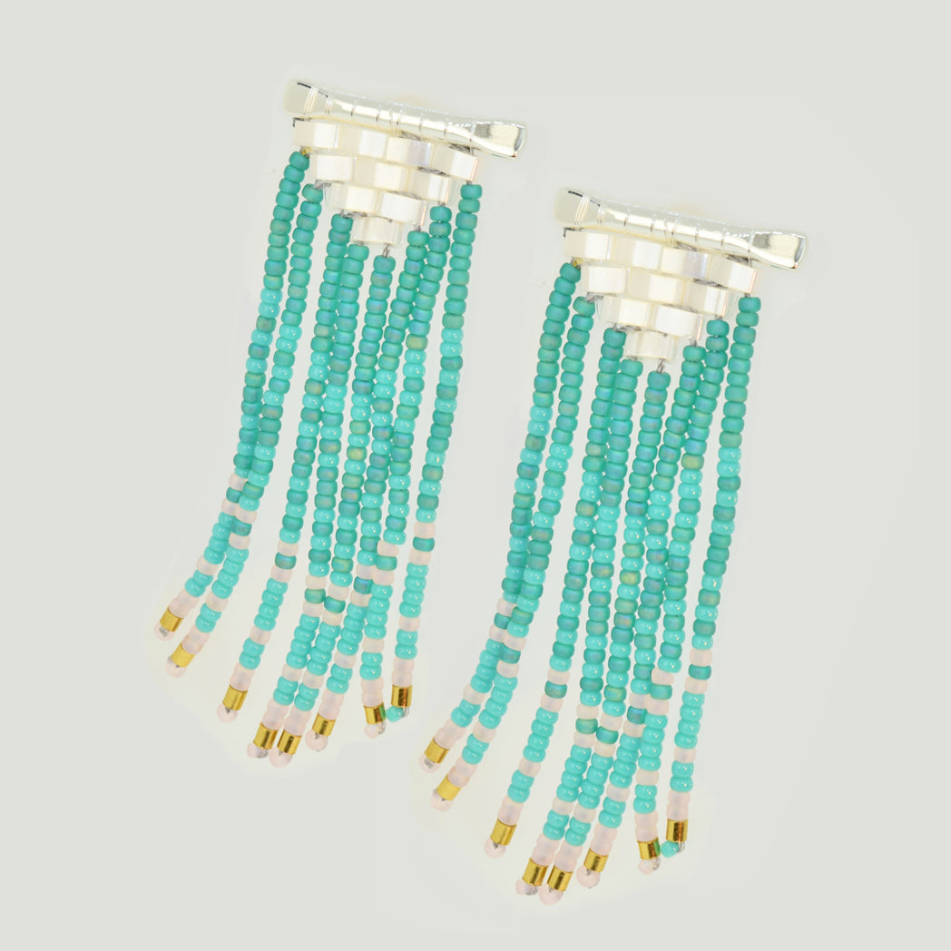 SUN RAYS EARRINGS IN TURQUOISE, GOLD AND PEARL WHITE COLORS