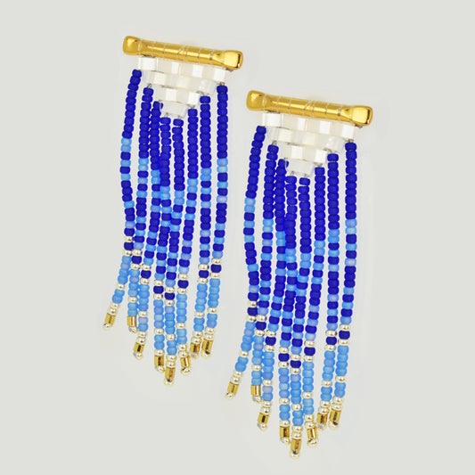 SUN RAYS EARRINGS IN ROYAL BLUE, GOLD AND PEARL WHITE COLORS