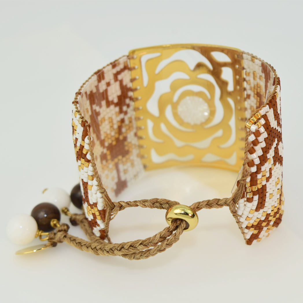 ROSE BRACELET IN MOCHA/CHOCOLATE BROWN AND WHITE WITH GOLD ACCENTS